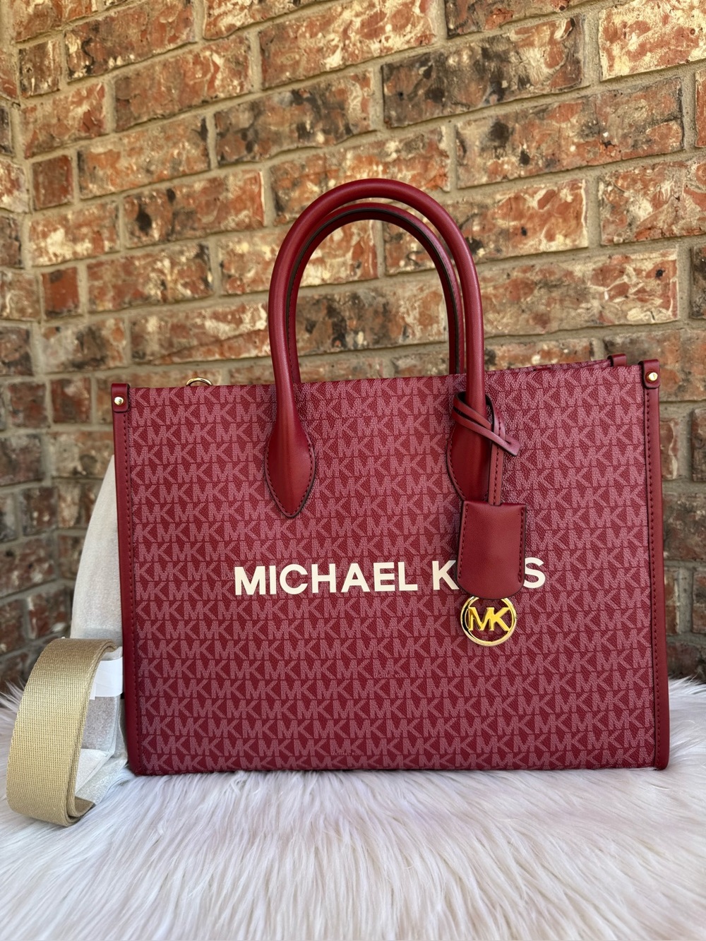 Michael Kors Burgundy MK Signature Tote with Gold-Tone Logo Charm